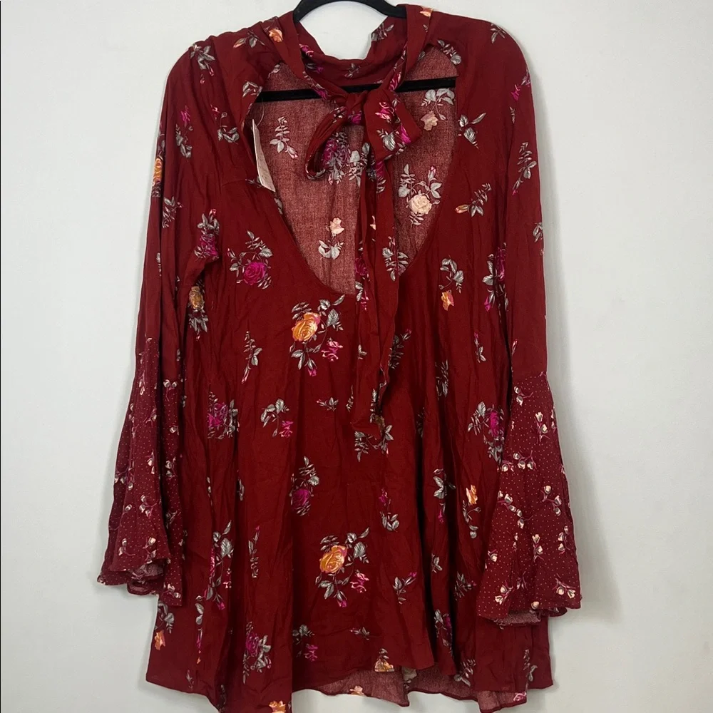 NWT Free People Women's Maroon Red Floral Vintage Combo Long Sleeve Dress Medium